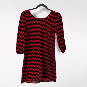 Rue 21 Red & Black Chevron Dress Womens Size Small 3/4 Sleeve Zip Back